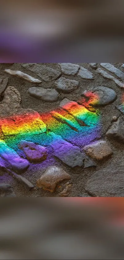 Colorful rainbow light on stone path.