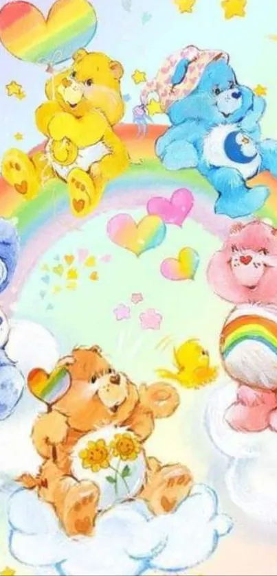 Cute teddy bears on clouds with rainbows and hearts wallpaper.