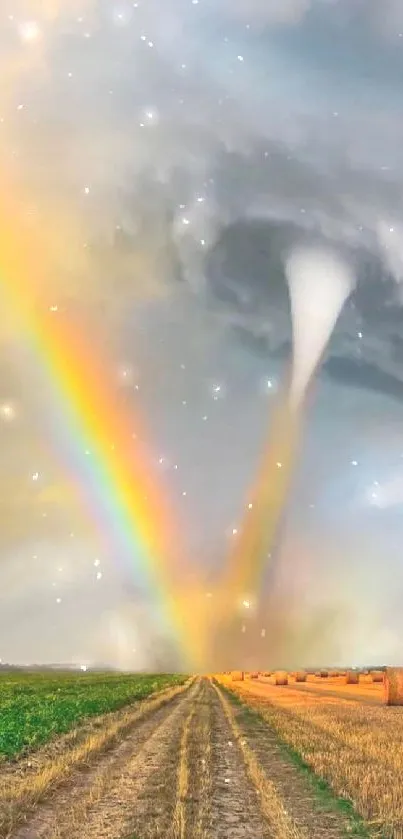 Tornado with rainbow over rural field, dramatic sky in the background.