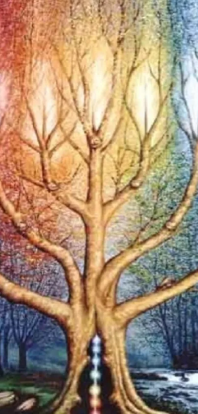 Fantasy art of a tree with rainbow-hued branches in a mystical forest setting.