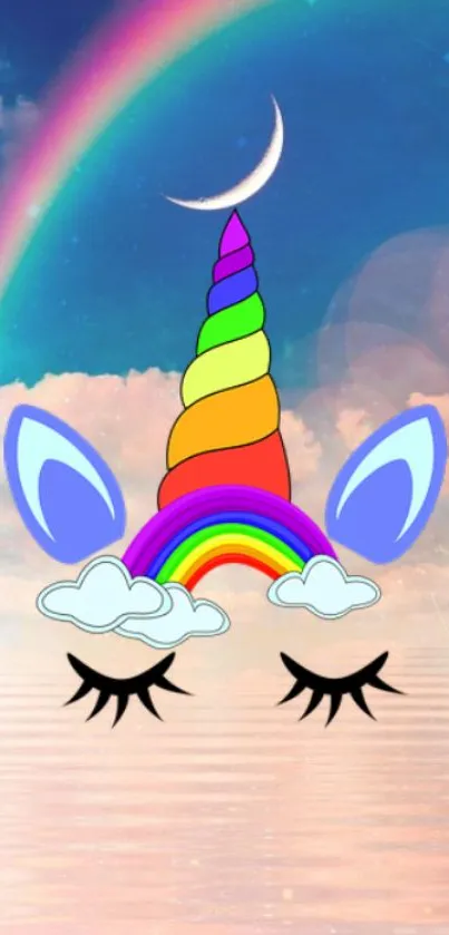 Whimsical unicorn with rainbow horn floats under a crescent moon.