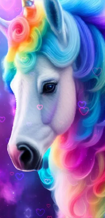 Vibrant rainbow unicorn art on galaxy background.