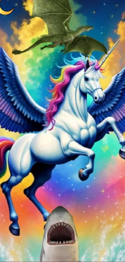 Vibrant artwork of a unicorn with rainbow mane and wings, dragon, and colorful background.