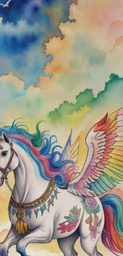 Artistic unicorn with rainbow wings in pastel clouds.