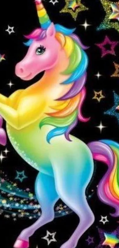 Colorful rainbow unicorn with stars on a black background.