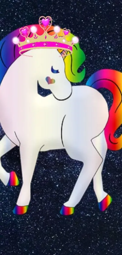 Rainbow unicorn with crown on galaxy background