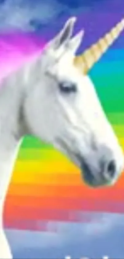 A vibrant wallpaper of a unicorn with a rainbow background.