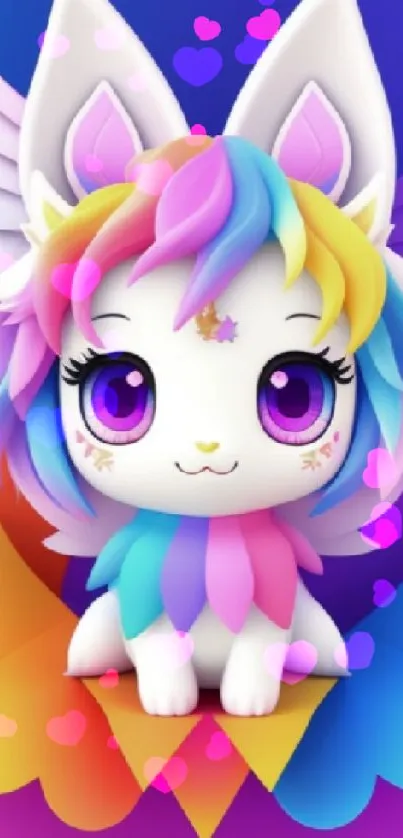 Vibrant rainbow creature with wings and big eyes on mobile wallpaper.