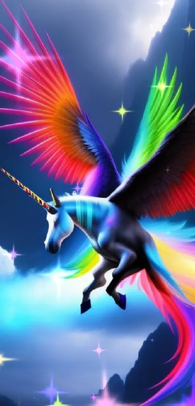 Rainbow winged unicorn in a mystical cloudy sky scene, showcasing vibrant colors.