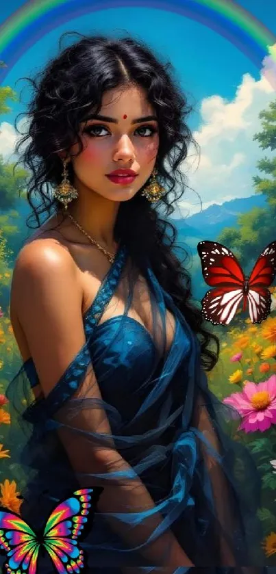 Woman in blue dress amidst flowers and butterflies under a rainbow.