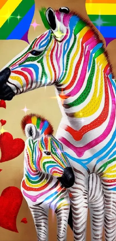 Rainbow striped zebras with hearts on wallpaper.