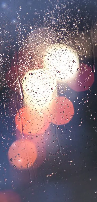 Bokeh effect wallpaper with raindrops on a glass surface and soft ambient lights.