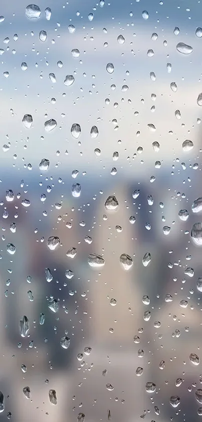 Rain-covered window overlooking a cityscape.