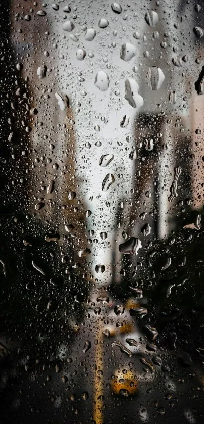 Raindrops on window with blurred cityscape view, creating an artistic urban background.