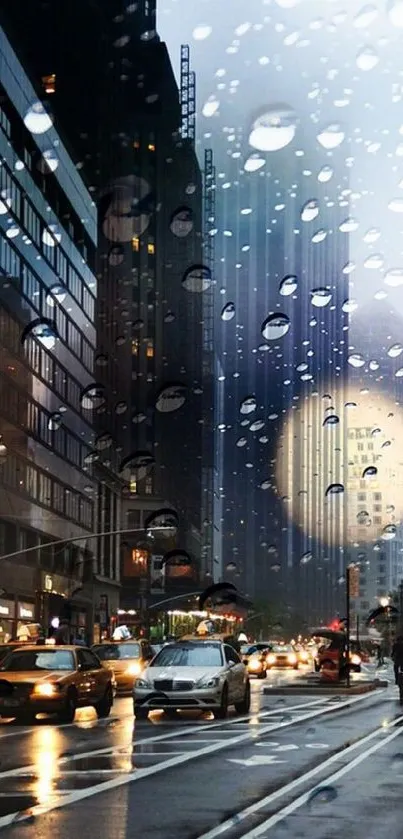 Rainy city street with raindrops on glass and urban lights.