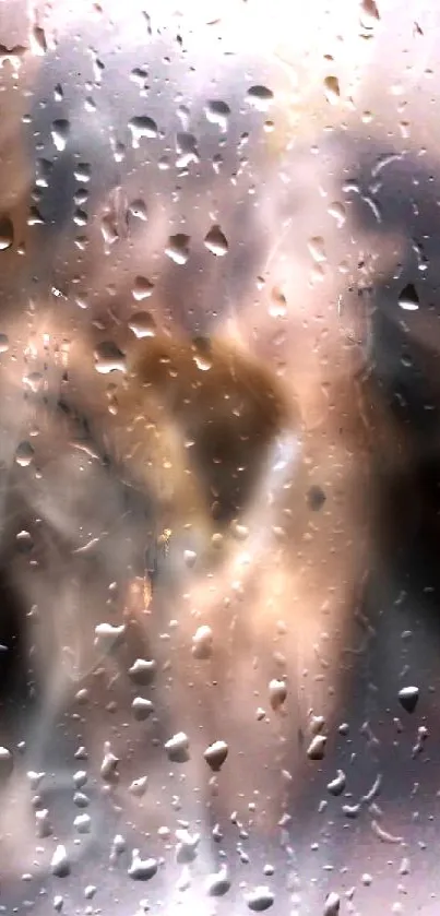 Close-up of raindrops on glass with blurred background.