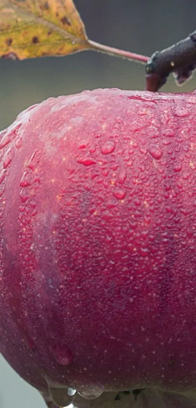 Close-up of a raindrop-covered red apple on a branch.