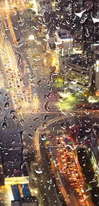 Raindrop-covered cityscape at night showcasing vibrant lights.