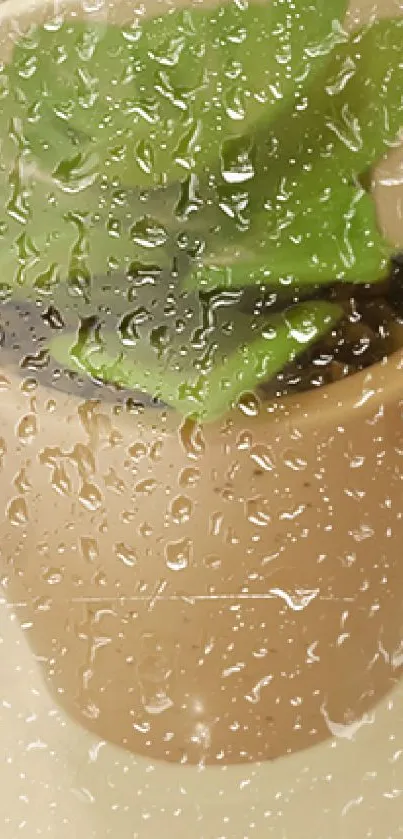 Potted plant with rain droplets on glass, showcasing green leaves.