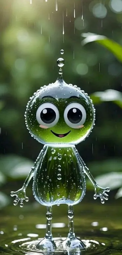 Whimsical raindrop creature on a leafy background.