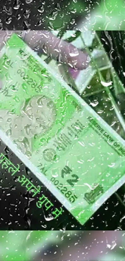 Phone wallpaper with raindrop effect on green currency design.