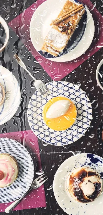 Table of assorted desserts under raindrops.
