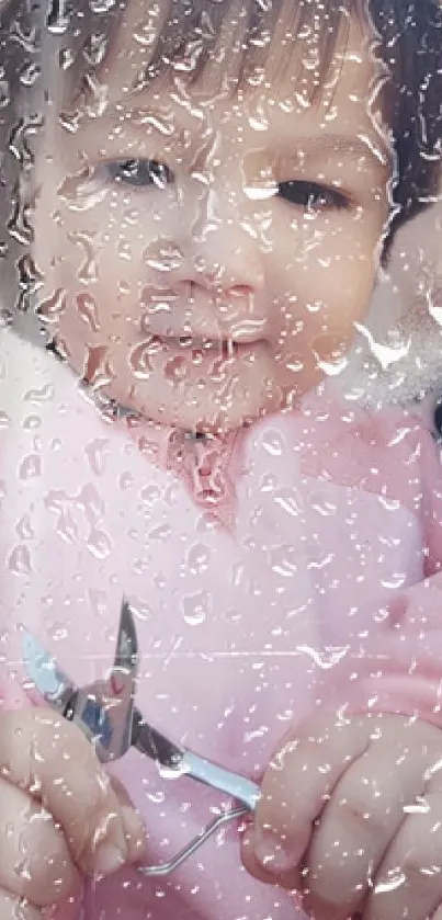 Baby with raindrop effect on mobile wallpaper.