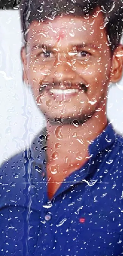 Wallpaper with portrait and raindrop effect in blue tones.