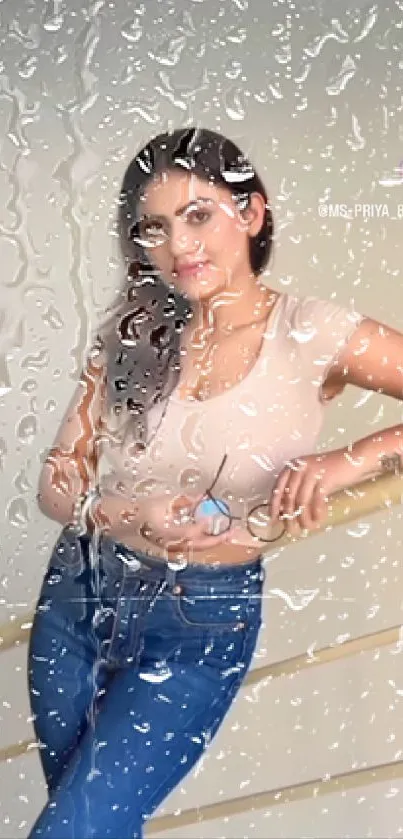 Raindrop effect on woman in casual pose wallpaper.