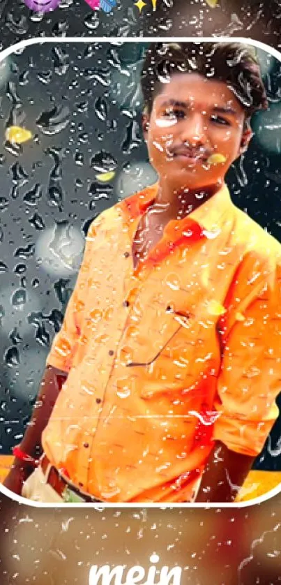 Portrait with raindrop effect on orange background.