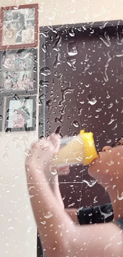 Child sipping drink with raindrop effect over brown background.