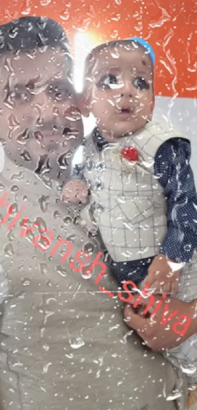 A father and child behind a rain-soaked glass effect on an orange background.