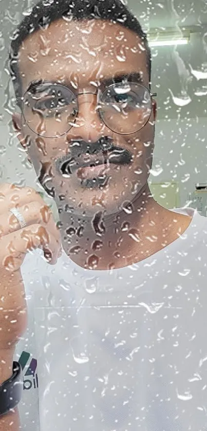 Portrait with raindrop overlay on mobile wallpaper.