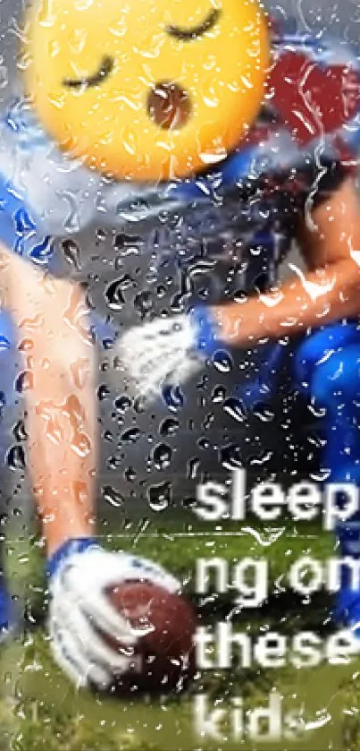 Wallpaper of a football player with an emoji face under raindrops.
