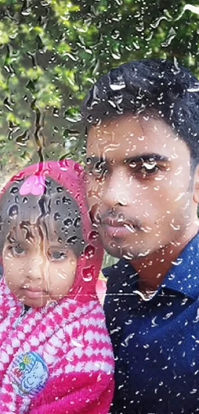 Man and child behind rain-streaked window wallpaper.