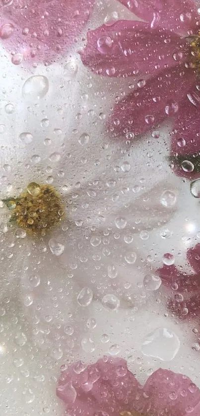 Pink and white floral wallpaper with raindrops.