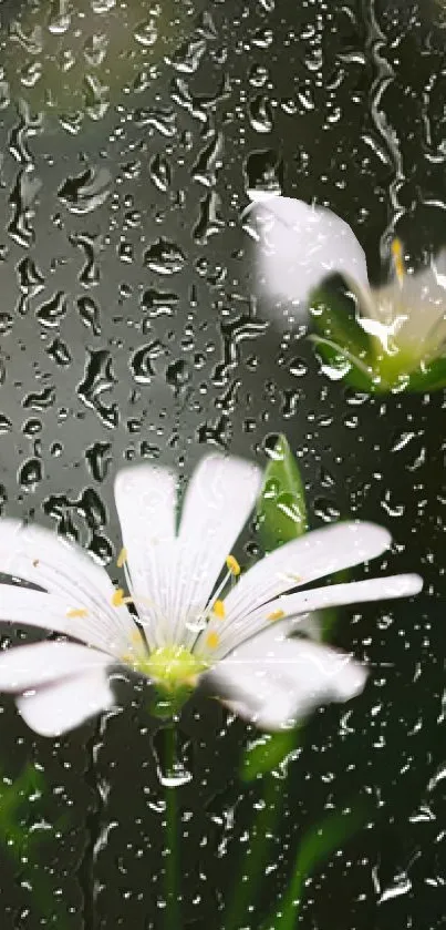 White flowers behind raindrop-covered glass with a green background.