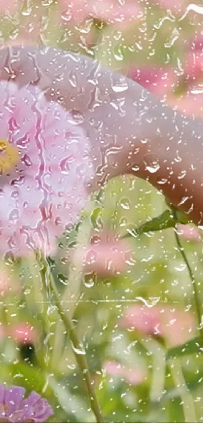 Raindrops on a pink flower with green blurred background, perfect for mobile wallpaper.