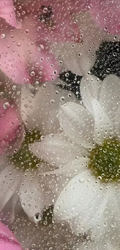 Pink and white flowers with raindrops on screen.