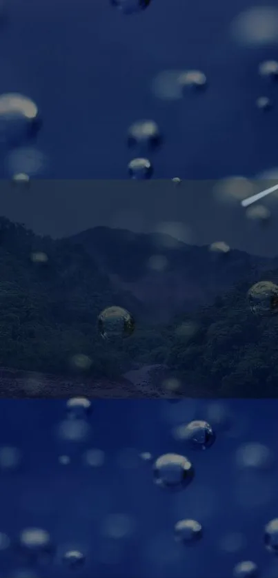 Dark blue wallpaper with raindrops over a misty forest scene.