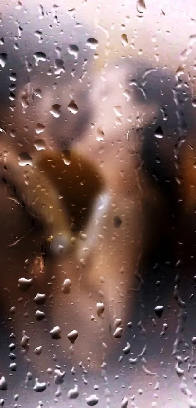 Raindrop-covered glass with blurred silhouettes, creating a mysterious mobile wallpaper.