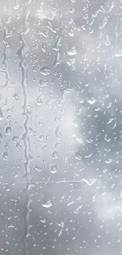 Raindrops on glass with a cloudy sky in background.