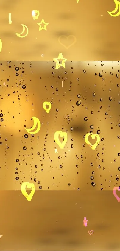 Mobile wallpaper with golden raindrops, hearts, stars, and moons on a gold background.