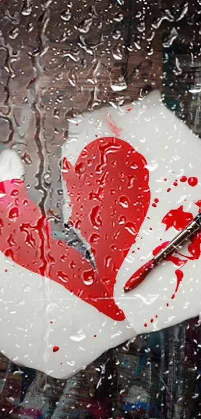 Red heart painted on wet glass with raindrops and a pen.
