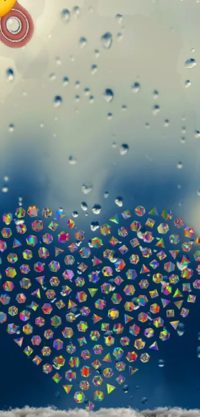 Heart made of colorful shapes with raindrops on blue background.