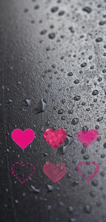 Mobile wallpaper with heart designs on a raindrop background in charcoal gray.