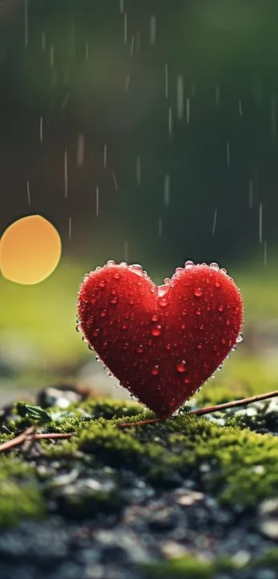 Heart covered in raindrops on mossy ground, nature scene.