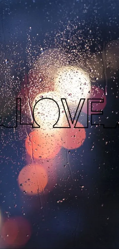 Love design with raindrops on glass, illuminated by soft bokeh lights.