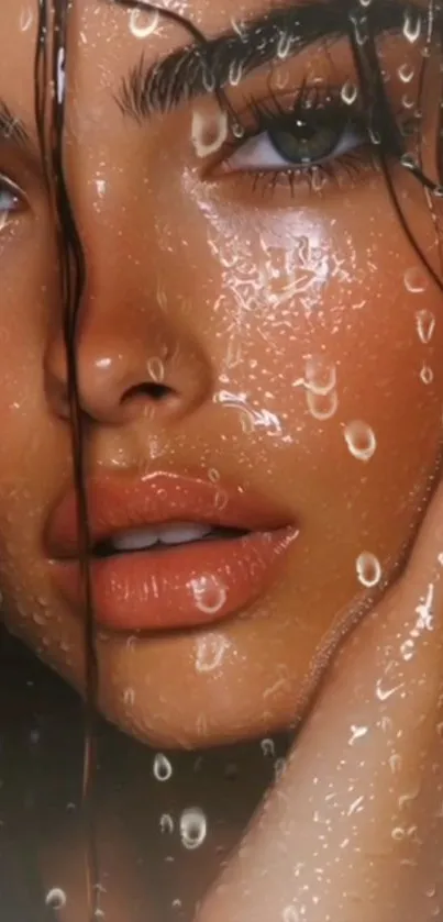 A striking portrait of a woman behind raindrops, highlighting beauty and elegance.