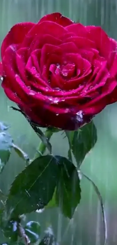 Close-up of a red rose with raindrops on petals.